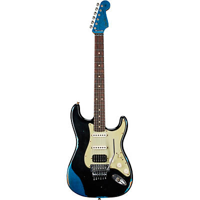 Fender Custom Shop Supernova Stratocaster Hss Heavy Relic Floyd Rose Electric Guitar Black Over Blue Sparkle for sale