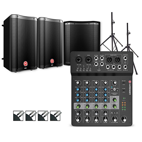 Harbinger LV8 Mixer Package With VARI V2300 Powered Speakers, S12 Subwoofer, Stands and Cables 8" Mains