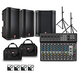 Harbinger LV14 Mixer Package With VARI V2300 Powered Speakers, VARI 2318S Subwoofer, Stands, Cables and Tote Bags 12" Mains