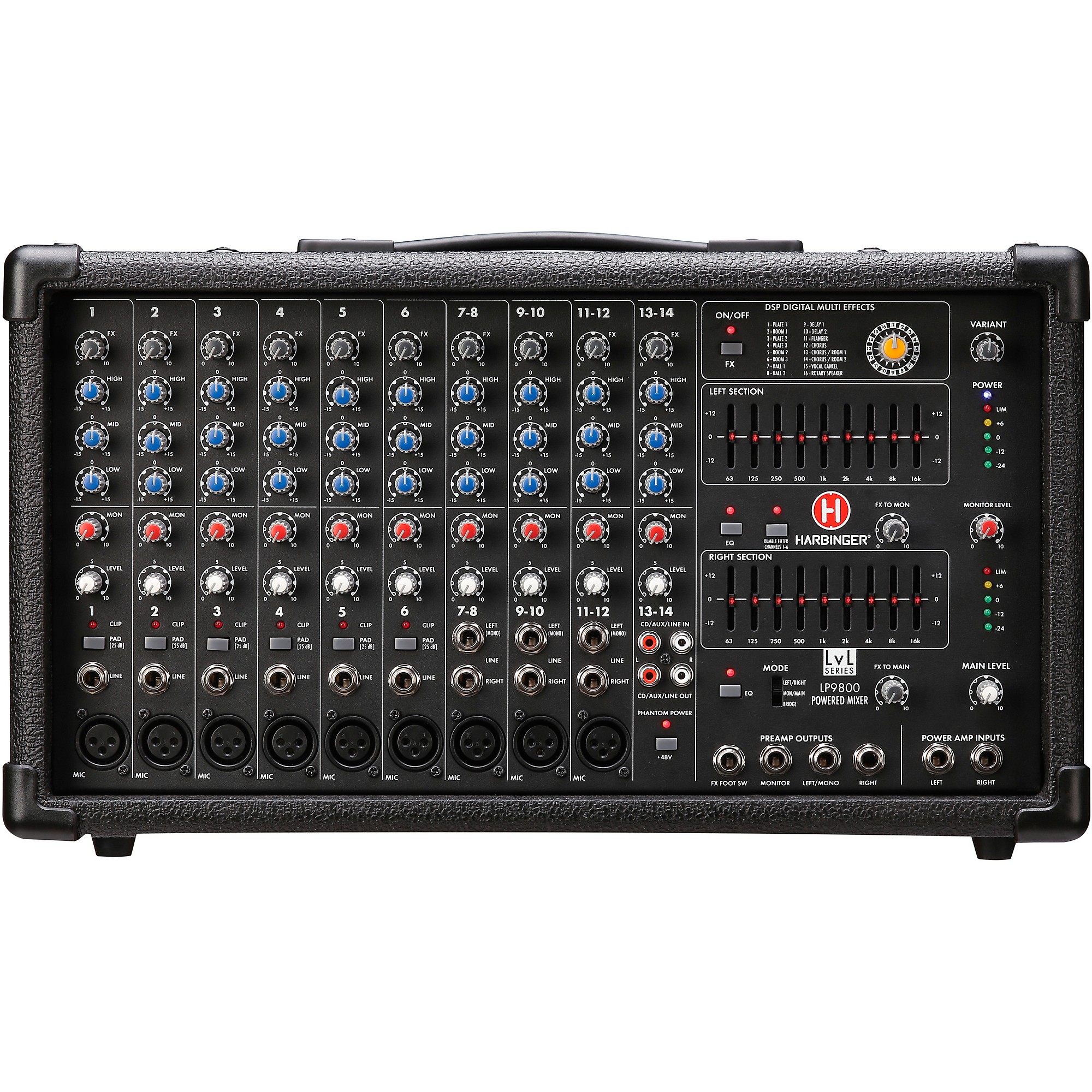 Harbinger LV14 Mixer w/Powered Speakers/Stands/Cables/Bags 12" Mains