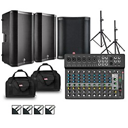 Harbinger LV12 Mixer Package With VARI V4100 Powered Speakers, VARI2318S Subwoofer, Stands, Cables, and Tote Bags 12" Mains