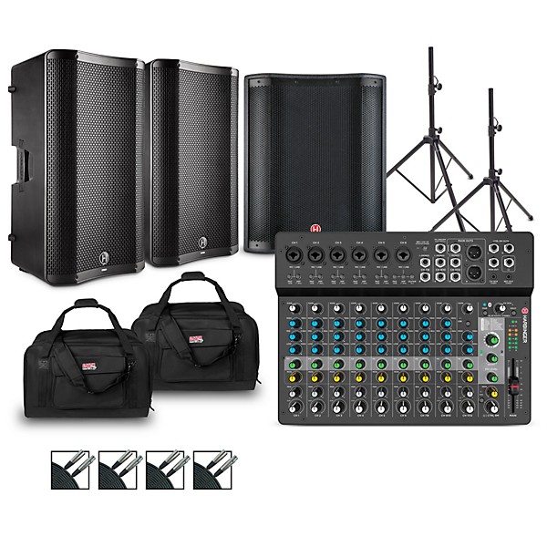 Harbinger LV14 Mixer Package With VARI V4100 Powered Speakers, VARI2318S Subwoofer, Stands, Cables and Tote Bags 12" Mains