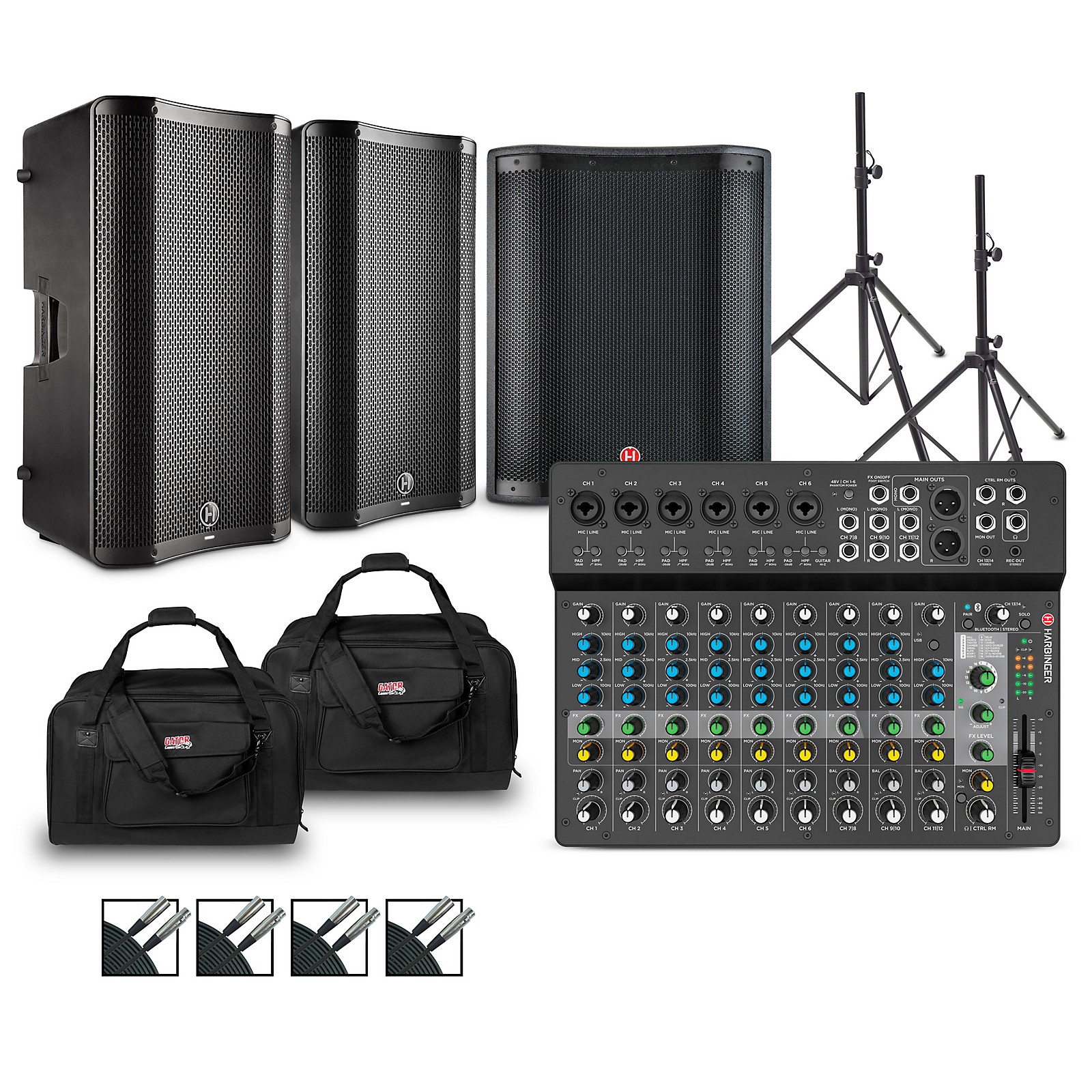 Harbinger LV14 Mixer Package w/Powered  Speakers/Subwoofer/Stands/Cables/Bags 15"