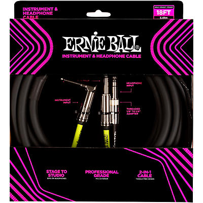 Ernie Ball Instrument And Headphone Cable 18 Ft. Black for sale