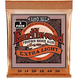 Ernie Ball Earthwood Extra Light Phosphor Bronze Acoustic Guitar Strings 3 Pack 10 - 50