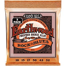 Ernie Ball Earthwood Rock and Blues Phosphor Bronze Acoustic Guitar Strings 3 Pack 10 - 52