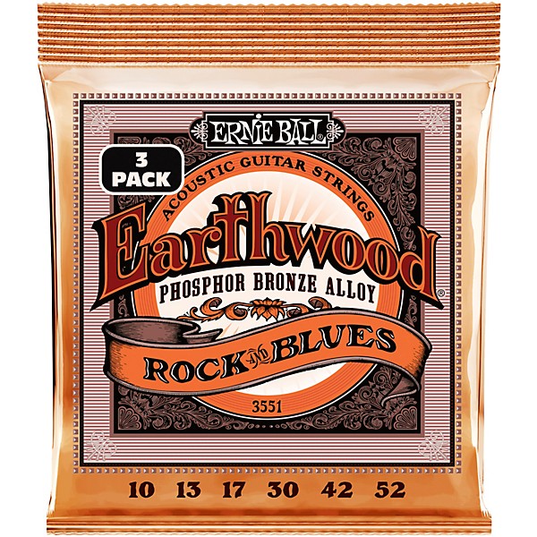 Ernie Ball Earthwood Rock and Blues Phosphor Bronze Acoustic Guitar Strings 3 Pack 10 - 52