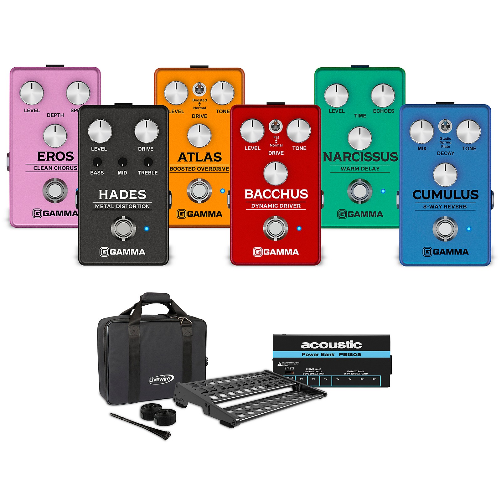 GAMMA Effects Pedal Bundle and LWS400 Pedalboard With Acoustic Power