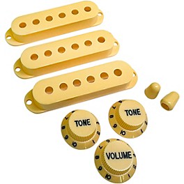 ... AxLabs Set Of Single Coil Pickup Covers In Vintage Spacing (52mm), Two Switch Tips, And Three Knobs (Black Lettering) Aged White/Cream