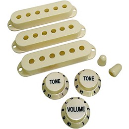 AxLabs Set Of Single Coil Pickup Covers In Vintage Spacing (52mm), Two Switch Tips, And Three Knobs (Black Lettering) Vintage White