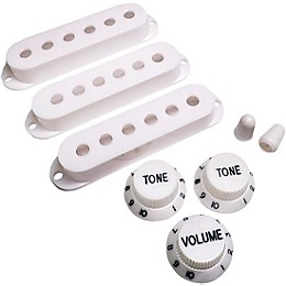 AxLabs Set Of Single Coil Pickup Covers In Vintage Spacing (52mm), Two Switch Tips, And Three Knobs (Black Lettering) White