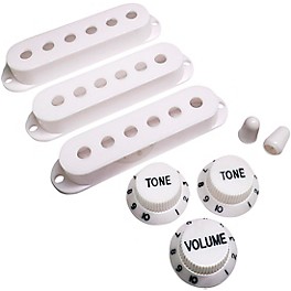 ... AxLabs Set Of Single Coil Pickup Covers In Vintage Spacing (52mm), Two Switch Tips, And Three Knobs (Black Lettering) White