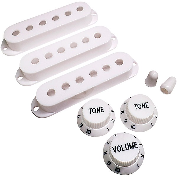 AxLabs Set Of Single Coil Pickup Covers In Vintage Spacing (52mm), Two Switch Tips, And Three Knobs (Black Lettering) White