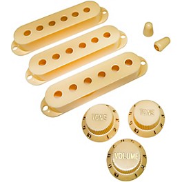 ... AxLabs Set Of Single Coil Pickup Covers In Vintage Spacing (52mm), Two Switch Tips, And Three Knobs (Gold Lettering) Aged White/Cream