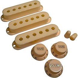 AxLabs Set Of Single Coil Pickup Covers In Vintage Spacing (52mm), Two Switch Tips, And Three Knobs (Gold Lettering) Parchment