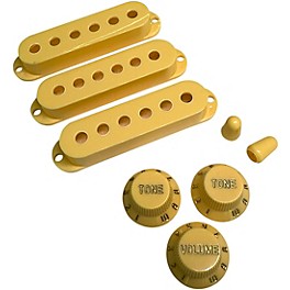 ... AxLabs Set Of Single Coil Pickup Covers In Vintage Spacing (52mm), Two Switch Tips, And Three Knobs (Gold Lettering) Cream