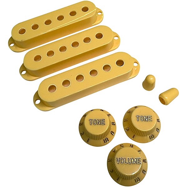 AxLabs Set Of Single Coil Pickup Covers In Vintage Spacing (52mm), Two Switch Tips, And Three Knobs (Gold Lettering) Cream