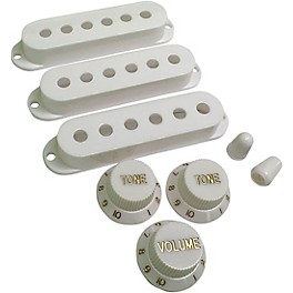 ... AxLabs Set Of Single Coil Pickup Covers In Vintage Spacing (52mm), Two Switch Tips, And Three Knobs (Gold Lettering) White