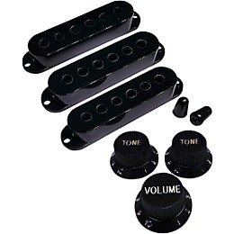 AxLabs Set Of Single Coil Pickup Covers In Vintage Spacing (52mm), Two Switch Tips, And Three Knobs (Gold Lettering) Black