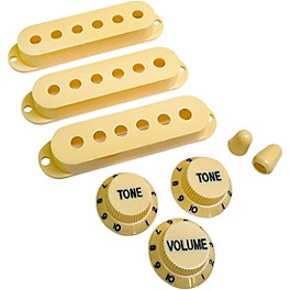 ... AxLabs Set Of Single Coil Pickup Covers In Modern Spacing (52/50/48), Two Switch Tips, And Three Knobs (Black Lettering) Aged White/Cream