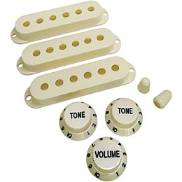 AxLabs Set Of Single Coil Pickup Covers In Modern Spacing (52/50/48), Two Switch Tips, And Three Knobs (Black Lettering) Vintage White