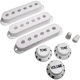 ... AxLabs Set Of Single Coil Pickup Covers In Modern Spacing (52/50/48), Two Switch Tips, And Three Knobs (Black Lettering) White