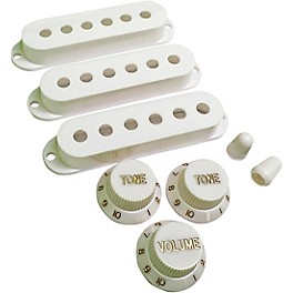 ... AxLabs Set Of Single Coil Pickup Covers In Modern Spacing (52/50/48), Two Switch Tips, And Three Knobs (Gold Lettering) White