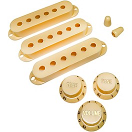 ... AxLabs Set Of Single Coil Pickup Covers In Modern Spacing (52/50/48), Two Switch Tips, And Three Knobs (Gold Lettering) Aged White/Cream