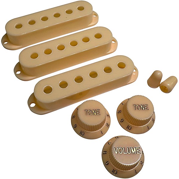 AxLabs Set Of Single Coil Pickup Covers In Modern Spacing (52/50/48), Two Switch Tips, And Three Knobs (Gold Lettering) Pa...