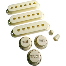 ... AxLabs Set Of Single Coil Pickup Covers In Modern Spacing (52/50/48), Two Switch Tips, And Three Knobs (Gold Lettering) Vintage White