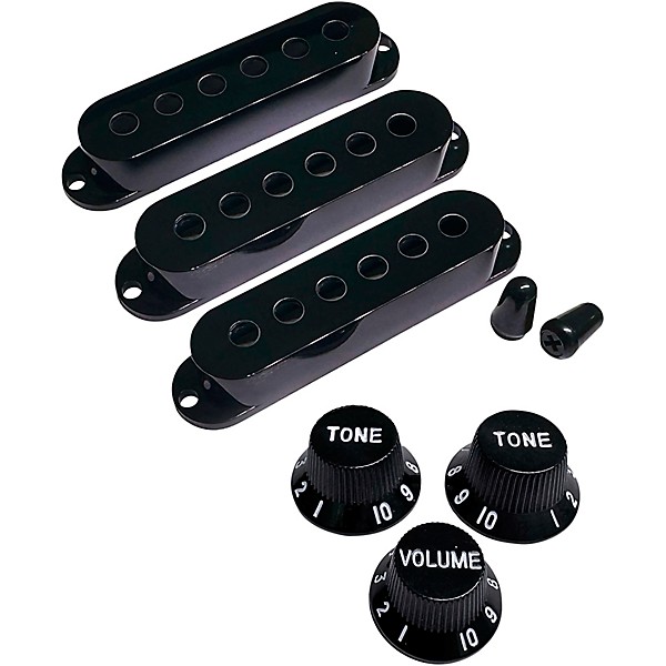 AxLabs Set Of Single Coil Pickup Covers In Modern Spacing (52/50/48), Two Switch Tips, And Three Knobs (White Lettering) B...