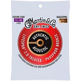 Martin Authentic Acoustic Lifespan 2.0 Custom Light Phosphor Bronze Guitar Strings 3-Pack 11 - 52