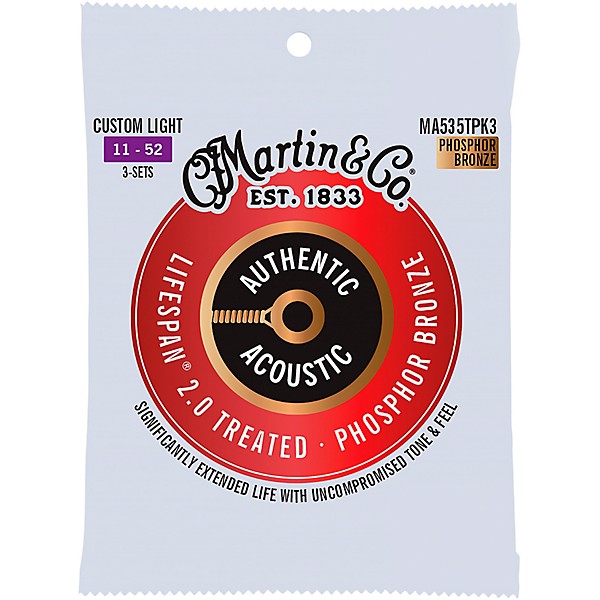 Martin Authentic Acoustic Lifespan 2.0 Custom Light Phosphor Bronze Guitar Strings 3-Pack 11 - 52