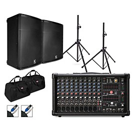 Harbinger LP9800 Powered Mixer Package With Kustom KPX Passive Speakers, Stands, Cables and Tote Bags 12" Mains
