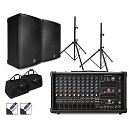 Harbinger LP9800 Powered Mixer Package With Kustom KPX Passive Speakers, Stands, Cables and Tote Bags 15" Mains