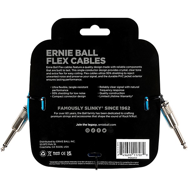 Ernie Ball FLEX Straight to Straight Instrument Cable 10 ft. Blue