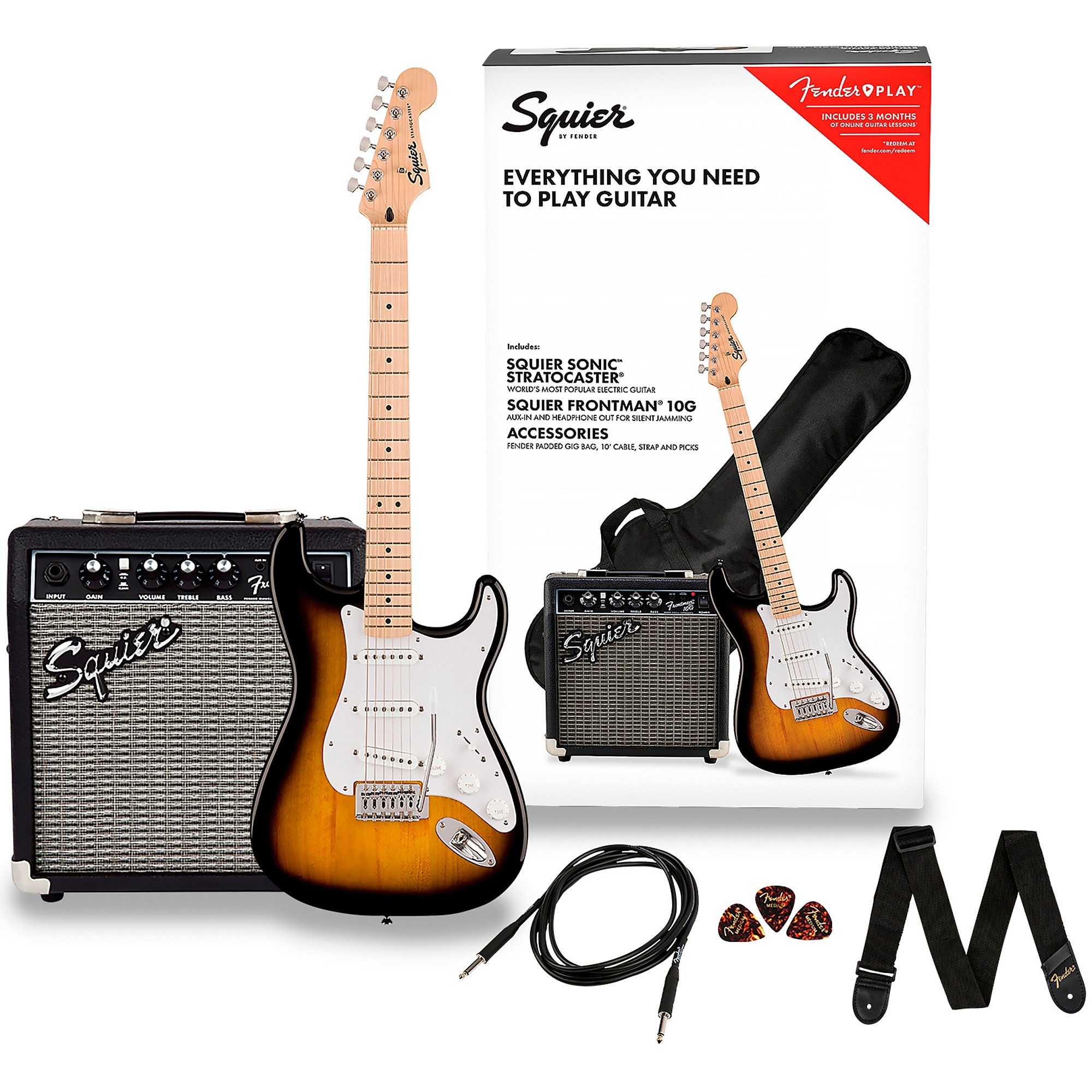 Christchurch abuela Escarchado Squier Sonic Stratocaster Electric Guitar Pack with Fender Frontman 10G Amp  2-Color Sunburst | Guitar Center