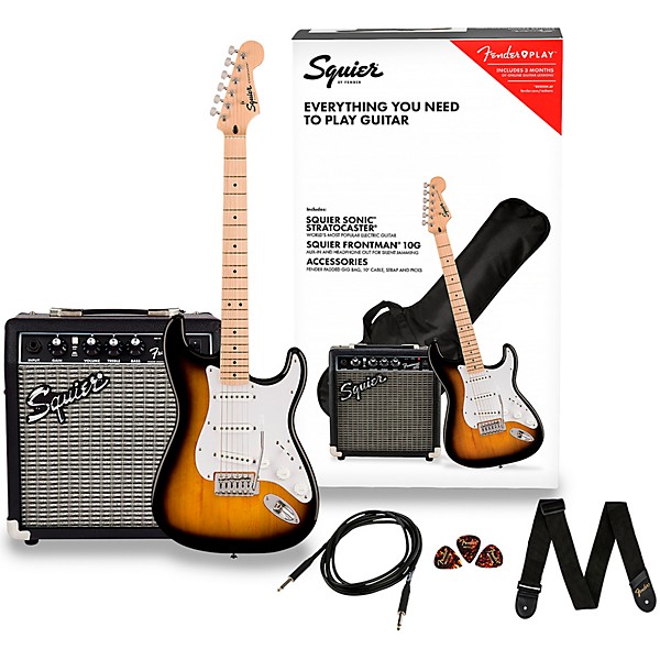 Squier Stratocaster Electric Guitar Pack With Squier Frontman 10G Amp Brown  Sunburst