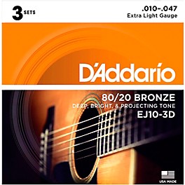 D'Addario EJ10-3D 80/20 Bronze Extra Light Acoustic Guitar Strings - 3 Sets 10 - 47