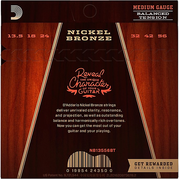 D'Addario NB13556BT Nickel Bronze Acoustic Guitar Strings - Balanced Tension Medium 13.5 - 56