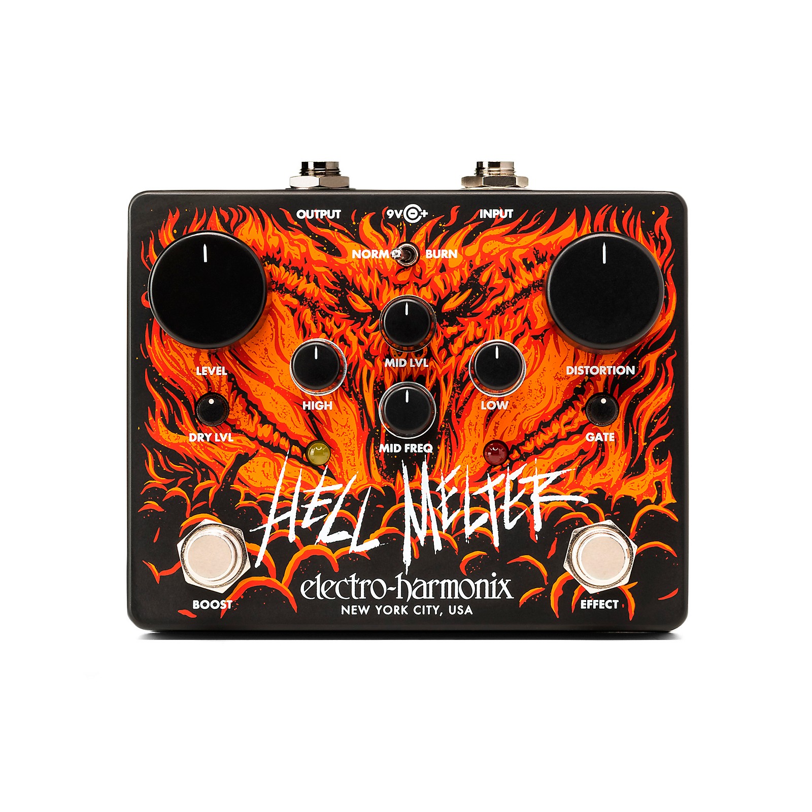 ElectroHarmonix Hell Melter Distortion Effects Pedal Black and Orange