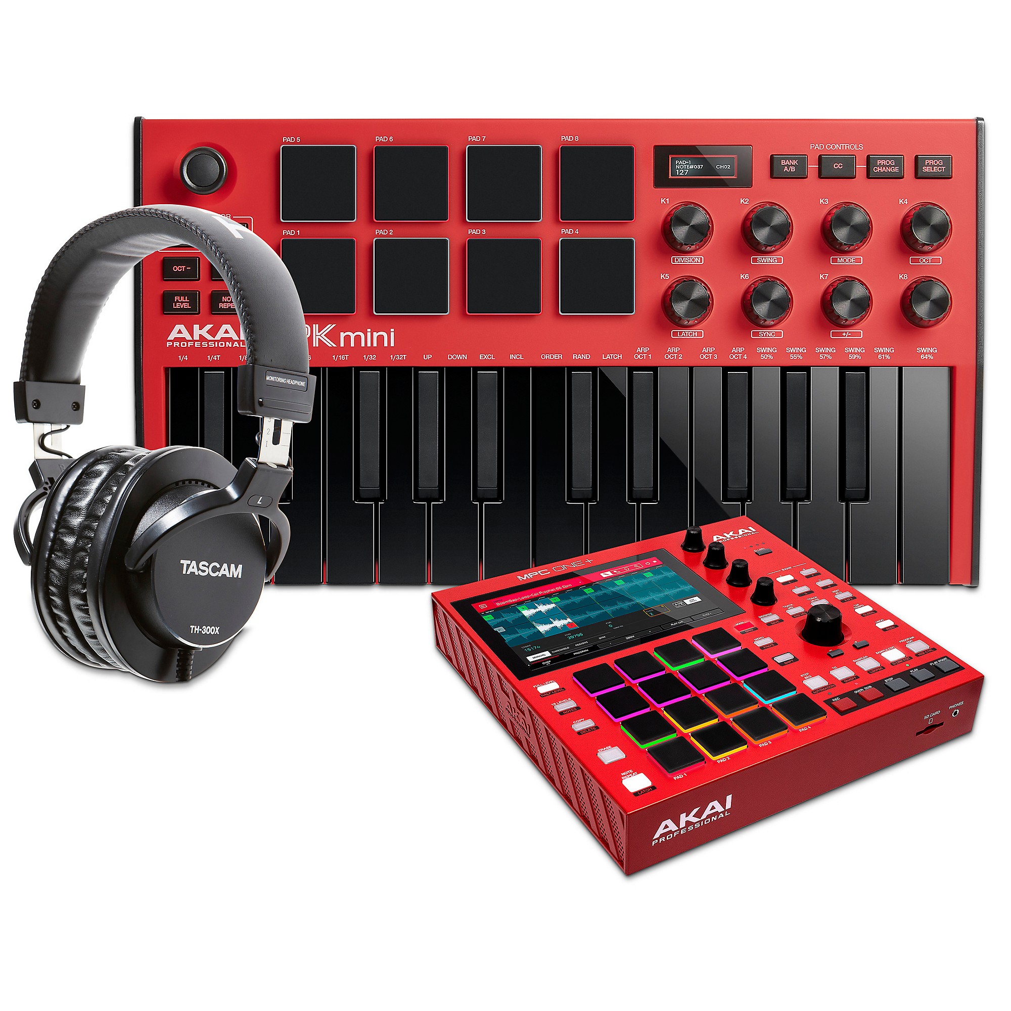 Akai Professional MPC ONE+ Standalone Production Center With MPK mini mk3  and Headphones Red