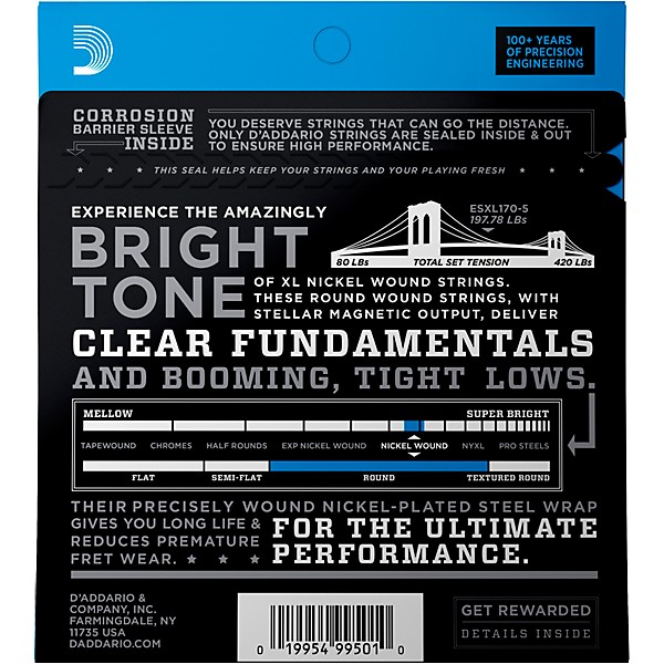 D'Addario ESXL170-5 Nickel Wound Light 5-String Bass Strings - Long Scale .045 - .130