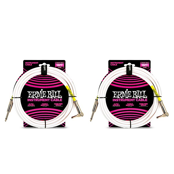 Ernie Ball Straight-Angle Instrument Cable - White, 2-Pack 15 ft.