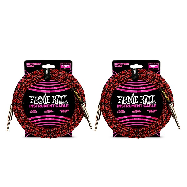 Ernie Ball Braided Straight to Straight Instrument Cable, 2-Pack 18 ft. Red/Black