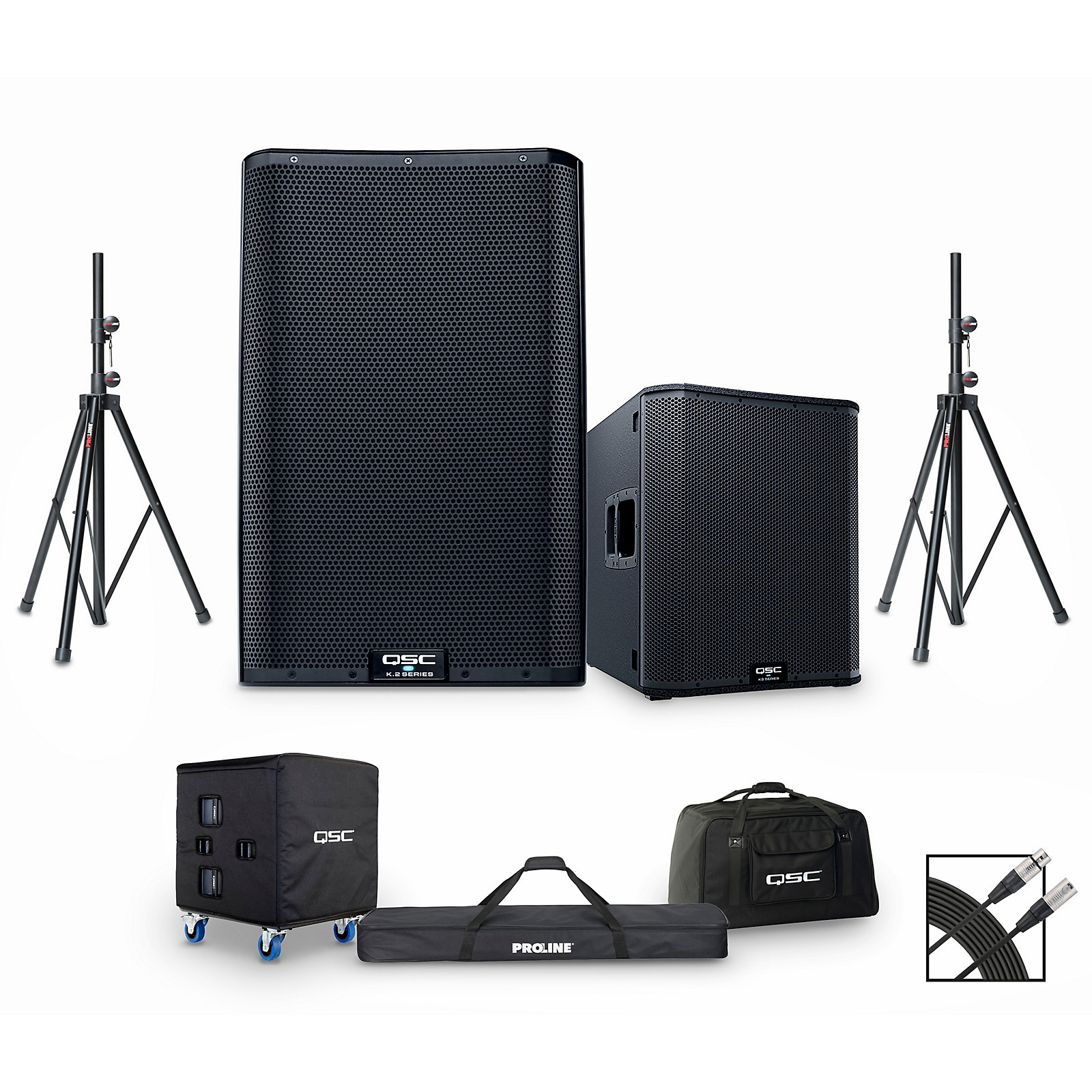 QSC K12.2 Powered Speaker Pair With KS118 Subwoofer, Stands, Covers, and Cables Guitar Center