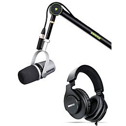 Shure Shure Deluxe Articulating Desktop Mic Boom Stand with Silver MV7 Microphone and SRH440A Headphones