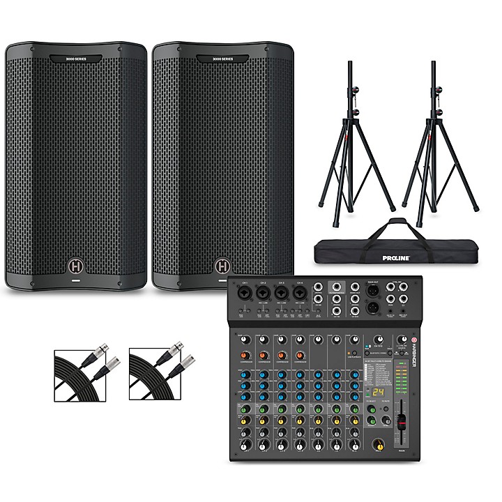 Harbinger VARI 3412 12 Powered Speakers Package With LX12 Mixer, Stands  and Cables