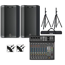 Harbinger VARI 3415 15" Powered Speakers Package With LX12 Mixer, Stands and Cables