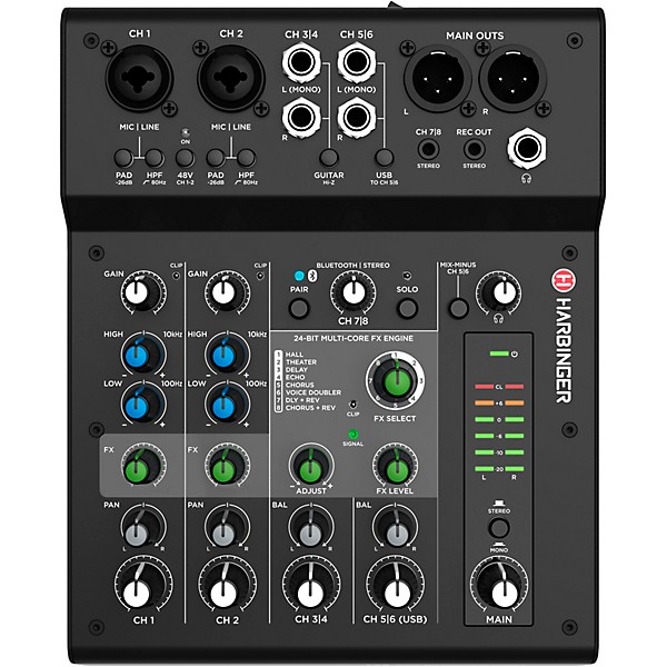 Harbinger VARI 2410 10" Powered Speakers Package With LX8 Mixer, Stands and Cables